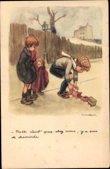 Artist PC Poulbot, Francisque, Boys with toy train, Ligue Nationale contre le Taudis