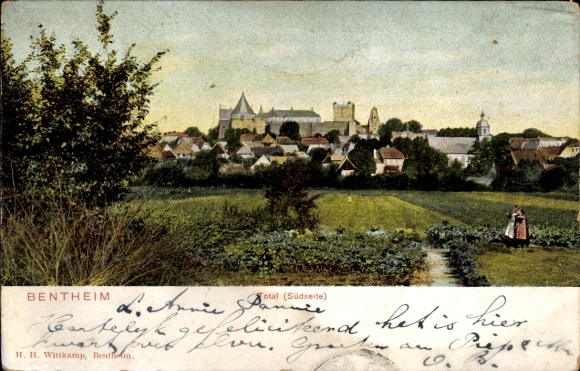Ak Bad Bentheim in Niedersachsen, Stadtansicht, Burg Bentheim im Hintergrund, ländliche Umgebu...