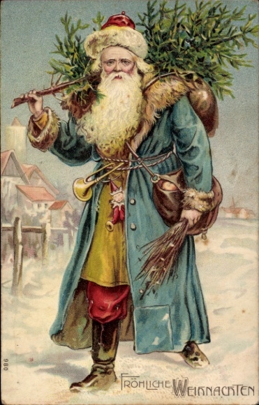 Präge Ak Frohe Weihnachten, Weihnachtsmann mit Tannenbaum und Rute