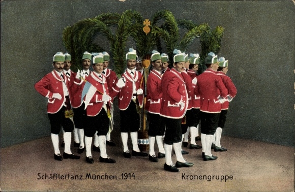 Ak Schäfflertanz München 1914, Kronengruppe in Kostümen