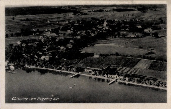 Postcard Chieming am Chiemsee Upper Bavaria, aerial view of lake landscape, rural buildings, fields