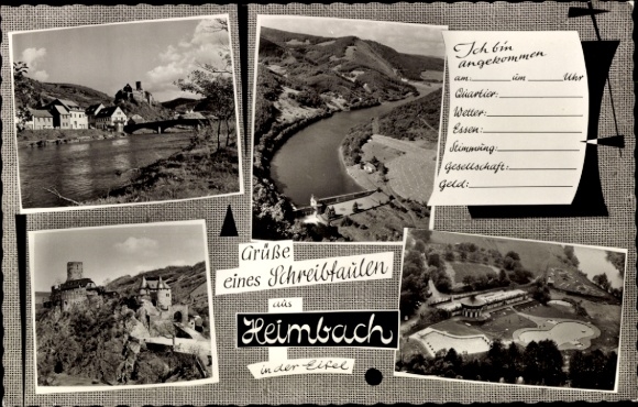 Postcard Heimbach in the Eifel, various landscape photographs, river, place text on