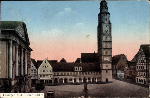Ak Lauingen aan de Donau Schwäbische Alb, kavel aan de Albertusplatz, gemeentehuis, vormtoren