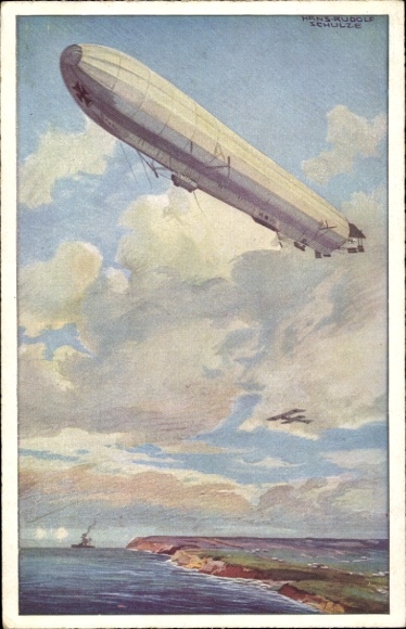 Artist Postcard Schulze, Hans Rudolf, Reichsmarine airship, watch on the German Baltic coast