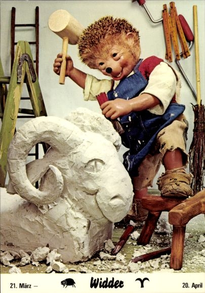 Postcard Mecki the hedgehog as a sculptor, zodiac sign Aries, 21 March to 20 April