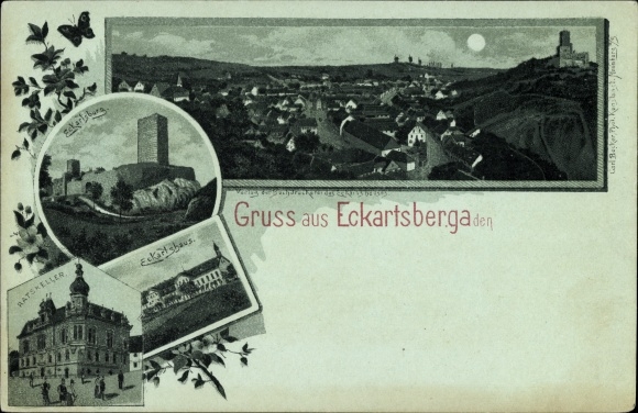 Mondschein Litho Eckartsberga an der Finne im Burgenlandkreis, Eckartshaus, Ratskeller, Eckartsburg