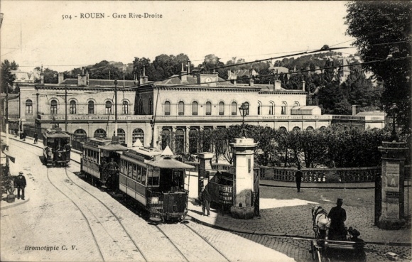 Ak Rouen Seine Maritime, Gare Rive Droite, Straßenbahnen, Brücke