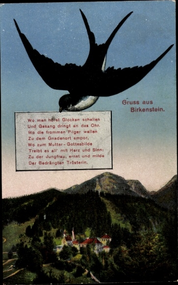 Postcard Birkenstein Fischbachau in Upper Bavaria, poem, swallow, panorama