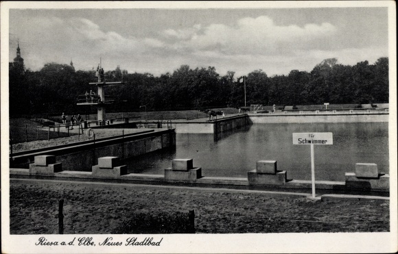 Postcard Riesa on the Elbe Saxony, new city pool