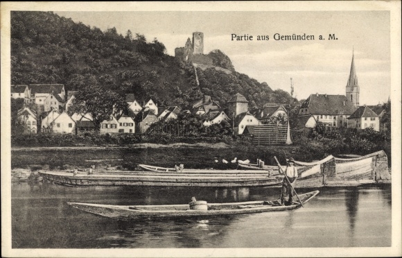 Postcard Gemünden am Main Unterfranken, view of the town, barge, castle ruins