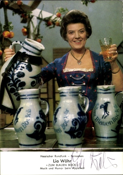 Postcard actress Lia Wöhr, portrait, Zum blauen Bock, music and humor at Äppelwoi, autograph