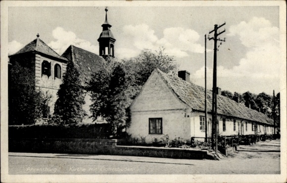 Ak Ahrensburg in Schleswig Holstein, Kirche mit Gottesbuden