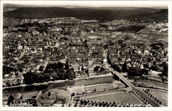 Postcard Saarbrücken in Saarland, aerial view of river, city view, landscape
