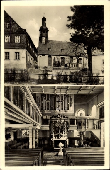 Ansichtkaart Lauter Bernsbach in het Ertsgebergte van Saksen, kerk, binnen- en buitenaanzicht