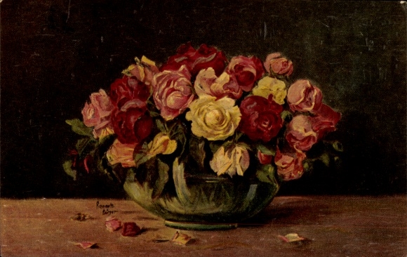 Artist Postcard Rammelt-Bürger, roses, flower vase