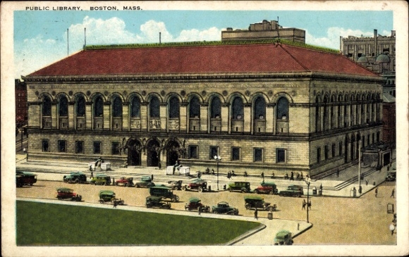 Postcard Boston Massachusetts USA, Public Library, Mass., Copley Square, Architecture, Cars