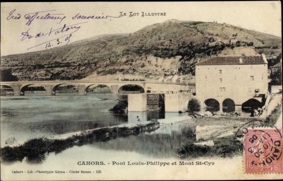Ak Cahors Lot, Historische Brücke Pont Louis-Philippe, Mont St-Cyr, Wasserweg, Architektur