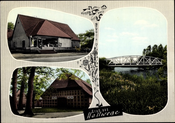 Postcard Hellwege in Lower Saxony, commercial building, half-timbered house, bridge