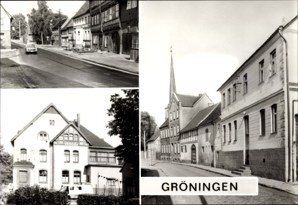 Postcard Gröningen in Saxony Anhalt, DSF street, Kirchstrasse, kindergarten
