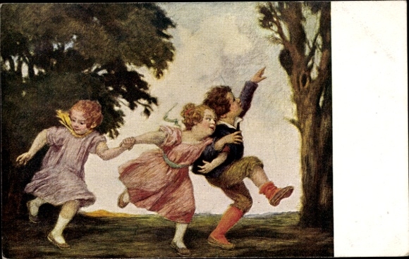 Künstler Ak von Zumbusch, Ludwig, Das Vogelnest, zwei Mädchen und ein Junge