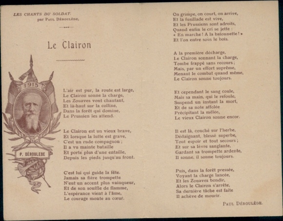 Song Klapp Postcard Le Clairon, Les Chants du Soldier, Paul Deroulede, Colonial Warrior