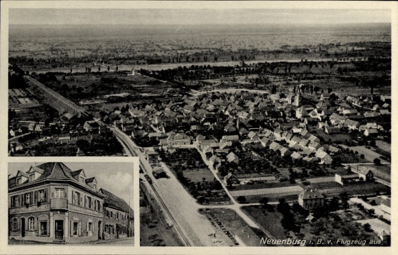 Postcard Neuenburg am Rhein Baden, aerial photograph, coffee and confectionery by E. Wehrle