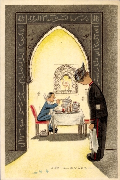 Artist Postcard Lavies, Jan, The Hague, Indian Restaurant Tampat Senang, Waiter, Hungry Guest