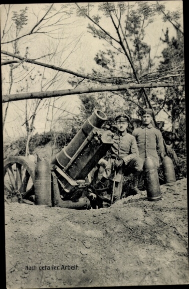 Postcard After work is done, German soldiers, mortar