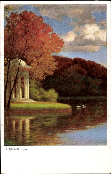 Artist PC Rüdisühli, H., temple, autumn, lake, clouds