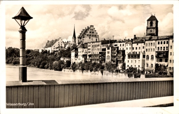 Postcard Wasserburg am Inn Upper Bavaria, view of river, building, clouds, lantern