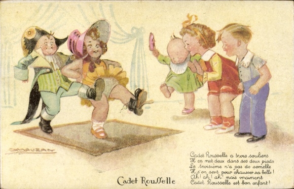 Artist Postcard Mauzan, Children dancing, boy in Napoleon uniform