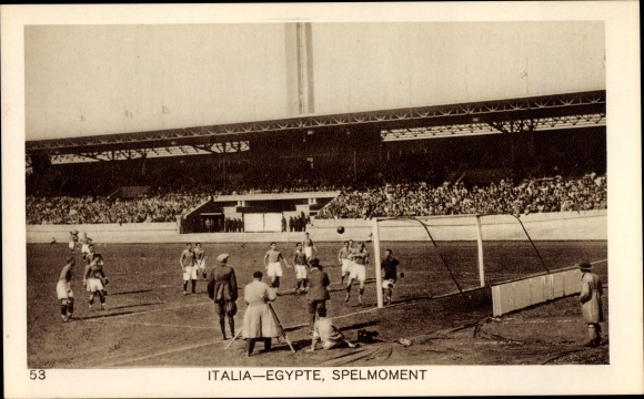 Postcard Amsterdam North Holland Netherlands, 1928 Olympics, football match Italy Egypt, spelmoment