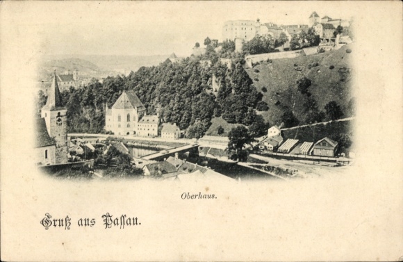 PC Passau in Lower Bavaria, Oberhaus Castle, river, bridge, trees, greetings from Passau