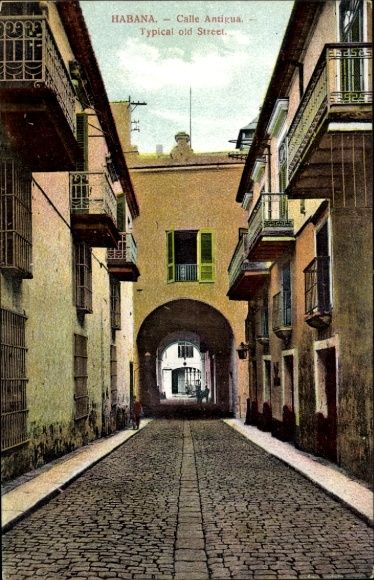 Postcard Havana Habana Cuba, Calle Antigua, typical old town street, architecture, cobbled street