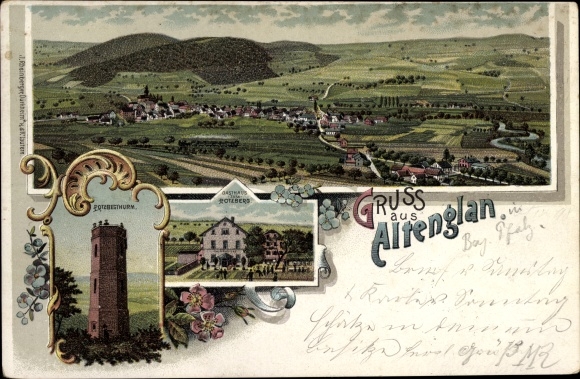 Chromo-Litho Altenglan in the Palatinate, Potzberg inn, Potzberg tower, view of the town