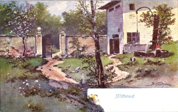 Artist Postcard Residential building, fountain, Wednesday