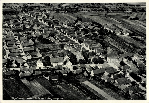 Postcard Hügelsheim am Rhein, aerial view of Hügelsheim, many houses, rural surroundings