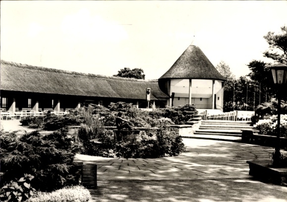 Postcard Bad Doberan in Mecklenburg, circular building with thatched roof, garden with path and plants,...