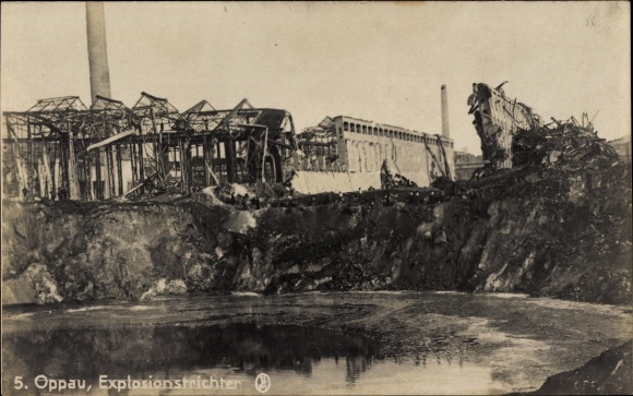 Postcard Oppau Ludwigshafen am Rhein, explosion of the nitrogen plant in 1921, explosion funnel