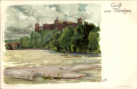 Artist Postcard Kley, Heinrich, Munich, Maximiliansbrücke, Maximilianeum