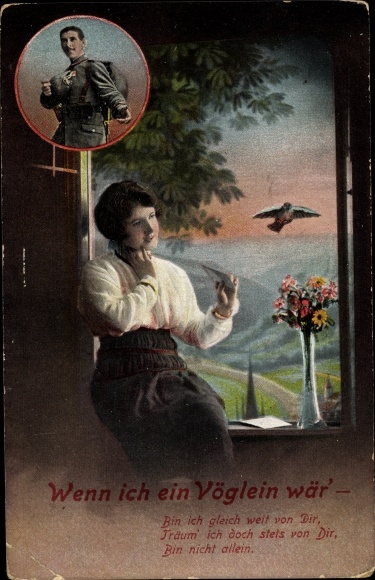 Postcard If I were a little bird, soldier in the field, woman at the window, Tengern prisoner of war camp