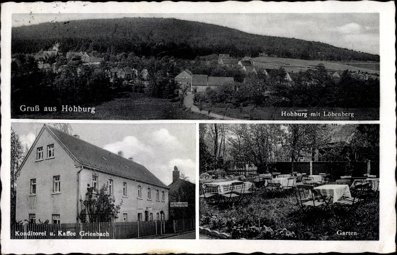 Ak Hohburg Lossatal in Sachsen, Konditorei Griesbach, Panorama mit Löbenberg