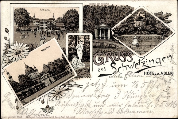 Chromo-Litho Schwetzingen in Baden, Hotel zum Adler, Mosque, Castle, Galatea, Temple of Apollo