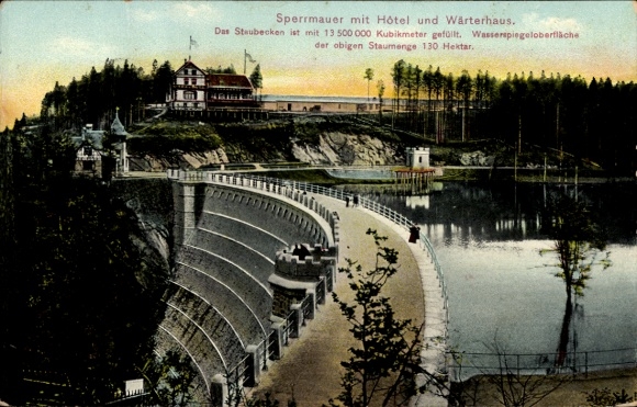 Ak Leśna Marklissa Schlesien, Sperrmauer, Hotel, Wärterhaus, Staubecken, Hektar Wasseroberfläche