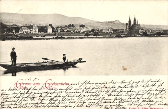 Postcard Geisenheim am Rhein Hesse, general view, men in rowing boat