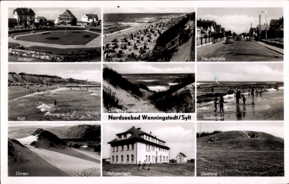Postcard Wenningstedt on Sylt, beach, facilities, main street, student residence, Denhoog, dunes