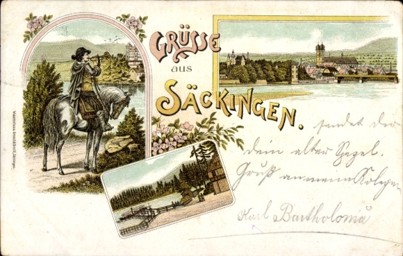 Chromo-Litho Bad Säckingen on the Upper Rhine, Panorama, Trumpeter of Säckingen