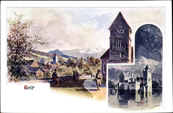 Artist Postcard Kulstrunk, F., Anif in Salzburg, moated castle, church