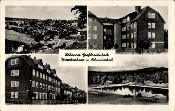 Postcard Großbreitenbach in Thuringia, diverse views, hospital, swimming pool, nostalgic decoration