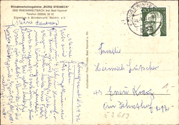 Postcard Rheinbreitbach am Rhein, garden house, Steineck Castle, convalescent home for the blind